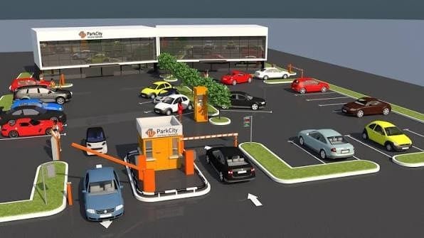 Randare 3D a unei parcări cu barieră automată și recunoaștere a plăcuțelor